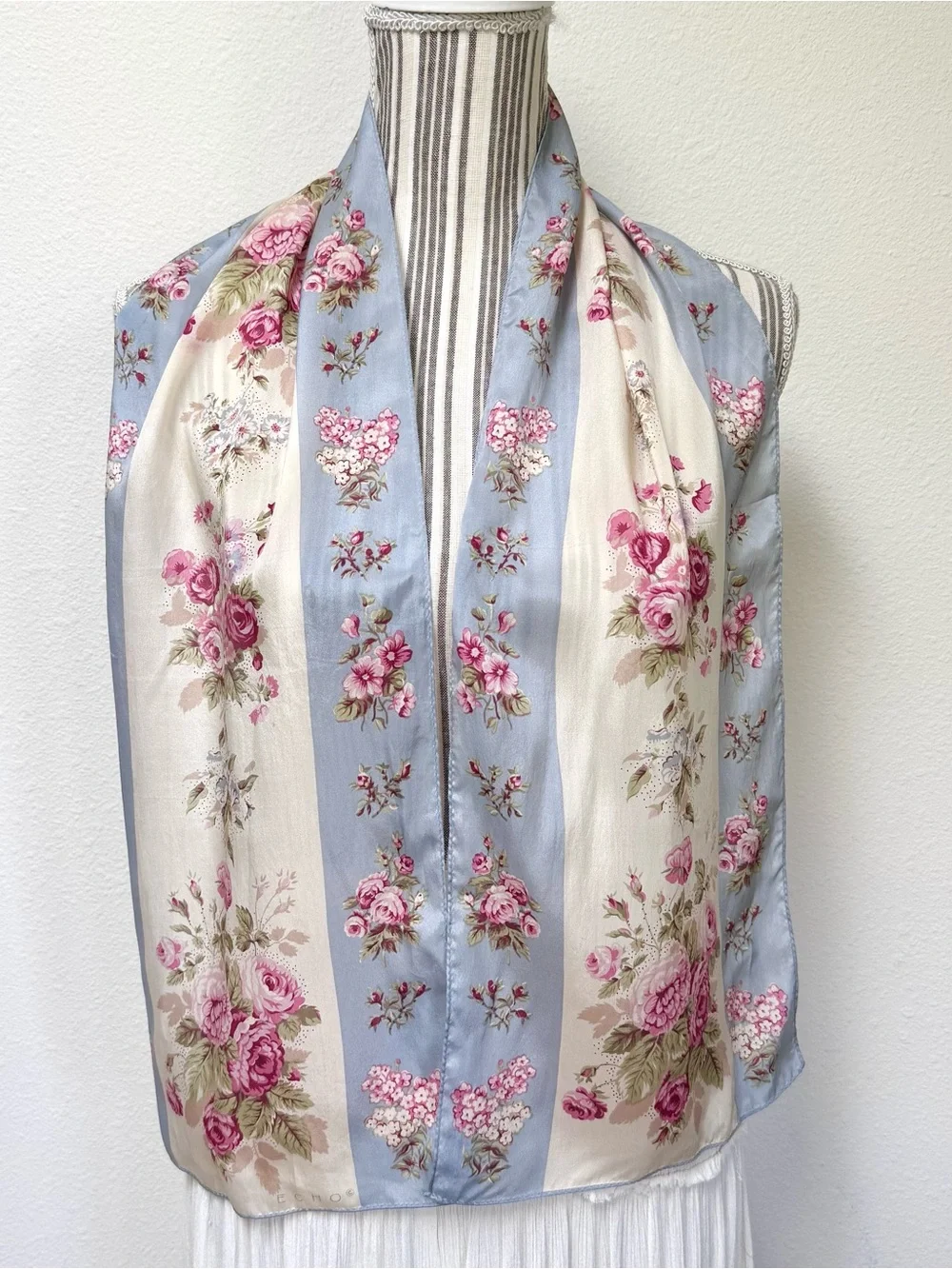 Y2K Echo Silk Floral Scarf Blue Cream Rose Print Oblong Coquette Cottagecore
